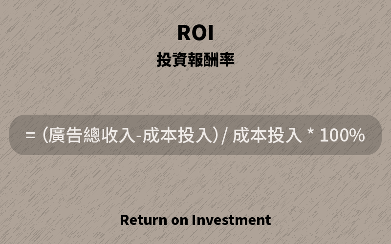 ROI為「投資報酬率（（廣告總收入-成本投入）/ 成本投入*100%）」Return on Investment